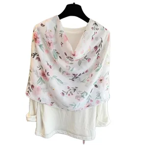 Pink floral chiffon scarf for women, lightweight beach shawl and summer wrap on hanger