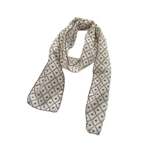 Vintage floral pattern cotton linen scarf with diamond grid and wavy stitched edges