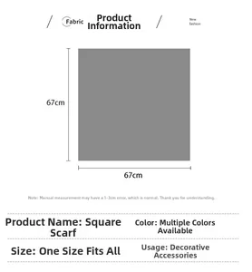 Detailed size chart for 67cm x 67cm square silk scarf with exact product measurements