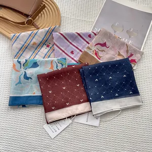 Vintage Literary Cotton Blend Square Scarf For Women Heart Stripe Floral Print Soft Head Neck Wrap Decorative Scarf Shawl