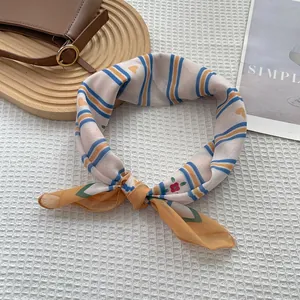 Pink sweetheart fashion silk square scarf with blue stripes and floral patterns