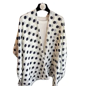 Classic white silk scarf with black polka dots for women, elegant lightweight shawl