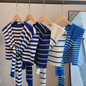 Striped knit shawl neck wrap set with navy blue and white nautical patterns