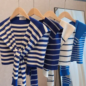 Blue and white nautical striped knitted shawl scarf with fringe details for autumn and spring