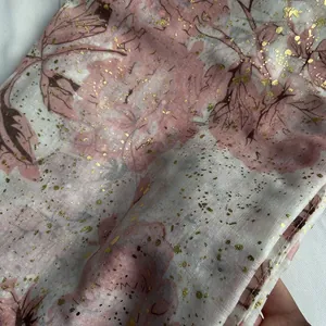 Floral cotton linen scarf with gold foil details and soft pink flower print for women