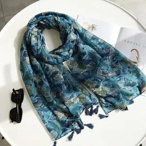 Ethnic paisley print cotton linen scarf with tassels for beach sun protection