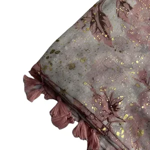 Floral cotton linen scarf with gold foil details and fringe tassels for women