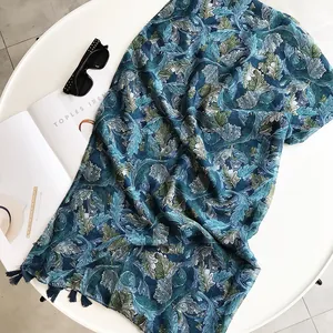 Ethnic paisley print cotton linen shawl with tassels for beach sun protection and travel