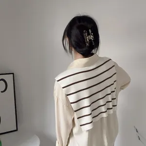 Rear view of striped knitted shawl draped over a beige shirt with tortoise hair claw clip