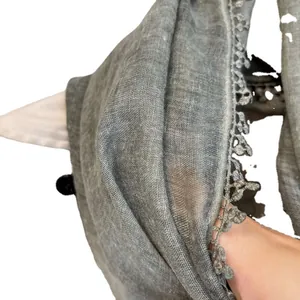 Écharpe légère en lin gris pour femme avec dentelle, châle d'été élégant et vaporeux