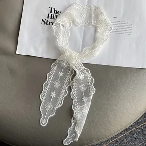 Elegant white lace floral embroidered scarf skinny hair tie for women fashion