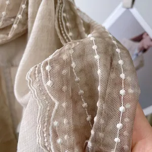 Elegant beige lace scarf for women featuring delicate mesh fabric with 3D polka dot embroidery