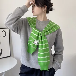Close-up of green and white striped knit shawl with decorative tag on grey sweatshirt