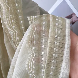 Detail of sheer linen-cotton scarf featuring intricate lace trim and 3D textured embroidery