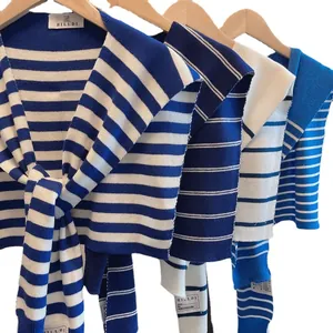 Striped nautical style knit shawl scarf wrap in blue and white with knot design