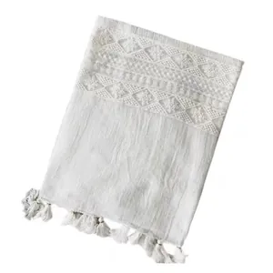 White cotton linen shawl scarf with geometric embroidery and fringe trim for beach