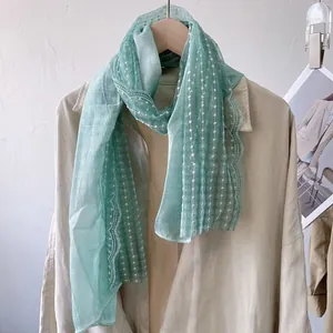 Close-up of mint green lace scarf with white polka dot embroidery and wavy edges