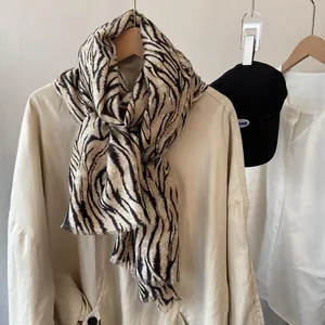 Women Vintage Animal Print Scarf Cotton Linen Shawl With Gold Stamping Zebra Leopard Pattern Long Scarf Tassels Wrap