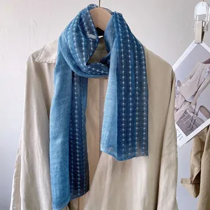 Detail view of lightweight blue scarf with white polka dots draped on a beige trench coat