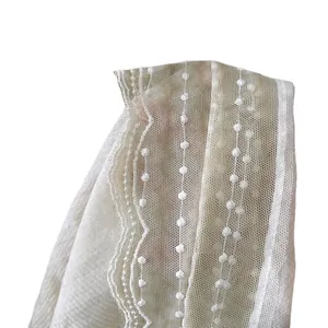 Beige lace cotton scarf with wave edges and 3D plush polka dots for women