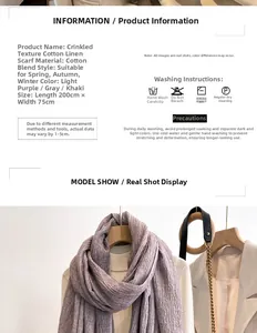 Detail view of crinkle cotton linen scarf showing dimensions 200x75cm in light purple