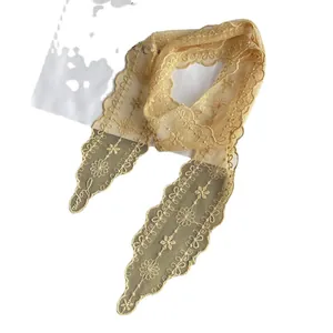 Elegant champagne lace scarf with floral embroidery and wavy edges for women