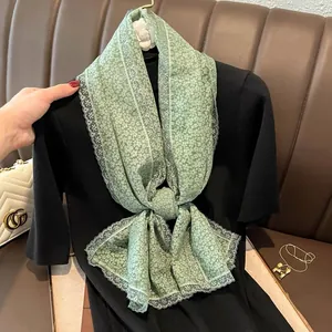 Écharpe en Dentelle Imprimé Floral pour Femme Châle en Voile Léger Mince en Coton et Lin Accessoire de Mode Quotidien