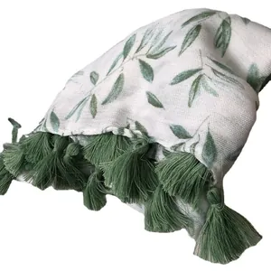 Elegant white cotton linen feel scarf with green willow leaf prints and tassel fringe
