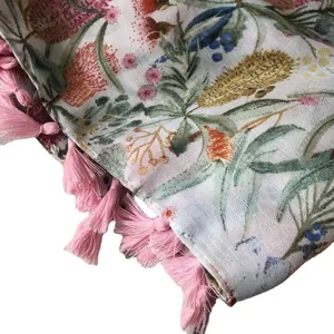 Floral cotton linen scarf with banksia print and pink tassel trim for women