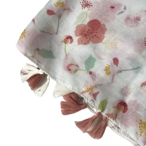 Lightweight cotton linen floral print scarf with pink tassels and watercolor leaf patterns