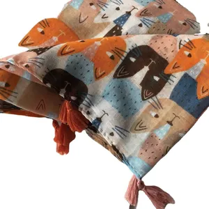 Écharpe chic en coton et lin avec motifs de chats colorés et pompons à franges douces