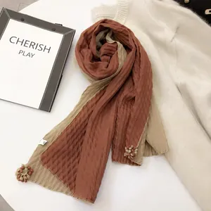 Two-tone crinkled cotton linen scarf for women with handmade 3D flower pendants