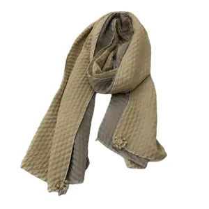 Vintage cotton linen scarf in olive green and gray with chic flower pendant charms