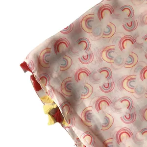 Pastel rainbow cotton linen scarf with geometric waves and colorful tassel fringe