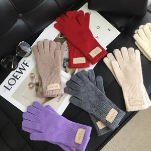Damen Winter Warm Gestrickte Wolle Kaninchenhaar Mischung Handschuhe Weich Plüsch Einfarbig Vollfingerhandschuhe Mit Lederetikett