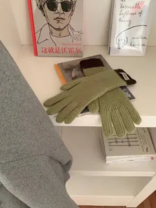Detail of green ribbed knit touchscreen gloves with brown cuffs on a bookshelf