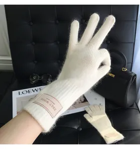 Detailaufnahme wollweißer Wollhandschuhe mit Leder-Logo-Etikett auf Lederhintergrund