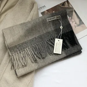 Detailansicht des 100% Wollschals mit Farbverlauf, dichten Fransen und Premium-Textur