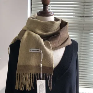 Detail eines Schals aus 100% Wolle in Braun mit Farbverlauf und Fransen auf einem Pullover