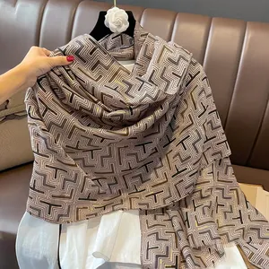 Women Vintage Geometric Maze Pattern Scarf Luxury Gilding Foil Soft Warm Shawl Tassel Large Wrap Elegant Winter Autumn Scarf