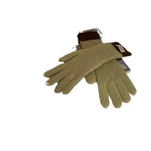 Olive green knitted touchscreen gloves with dark brown ribbed cuffs and side label