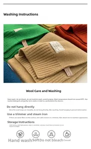 Detail showing 100% wool scarves in various colors with ribbed knit texture and care tags