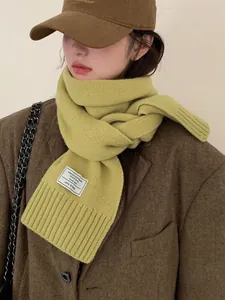 Detail of avocado green 100% wool scarf with ribbed texture and white woven label