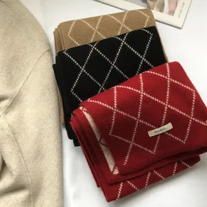 Australian 100% wool scarf with classic diamond knit pattern in khaki, black and red