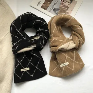 Women Men Winter Warm Knit Scarf Classic Diamond Grid Pattern Wool Blend Neck Warmer Soft Mid Length Fashion Shawl Wrap