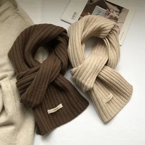 Premium 100% wool knitted scarf set in brown and beige colors with ribbed texture
