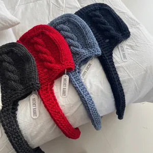 Thick chunky knit ear-flap beanie with braided pattern in multiple colors for winter