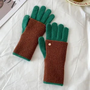 Winter knitted touchscreen gloves for women in brown and dark green ribbed texture