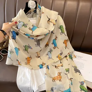 Écharpe chic en coton et lin beige avec imprimés chiots colorés pour femmes