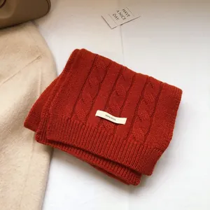 Detail of rust red cable-knit texture on 100% wool scarf with a clean white background